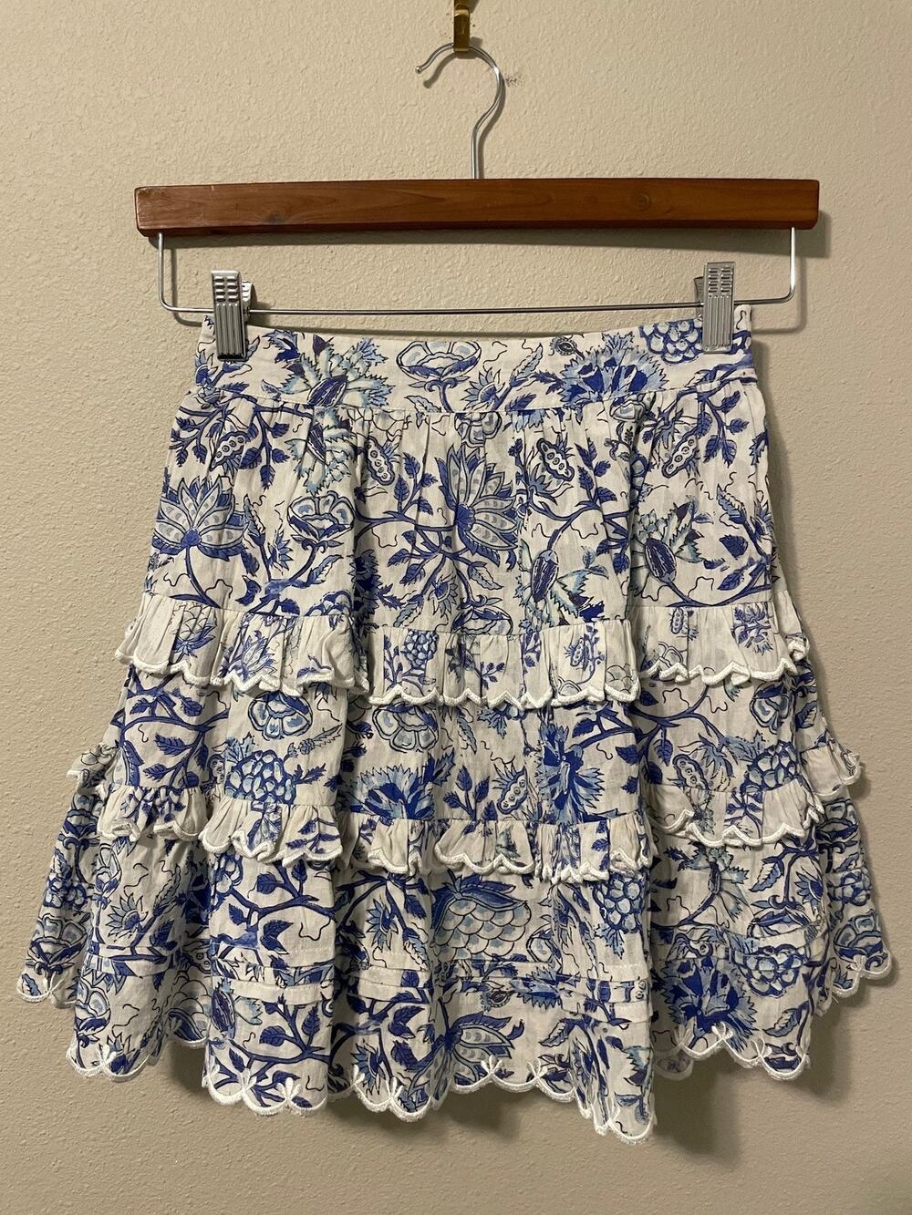 Hemant & Nandita Mini Skirt Womens Small Blue Floral Tiered Ruffle Artsy Boho